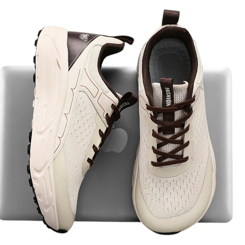 COMFORTH Men's beige mesh running shoes with brown accents and laces. Lightweight, breathable, and supportive.