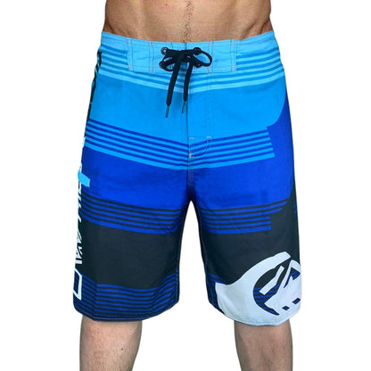 COMFORTH Men's blue and black athletic striped board shorts with drawstring closure and graphic print.