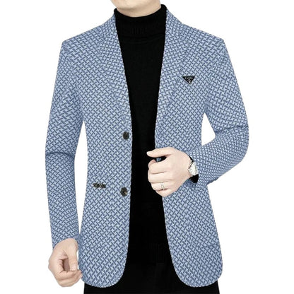 COMFORTH men's light blue geometric patterned blazer with notched lapel and two-button closure.