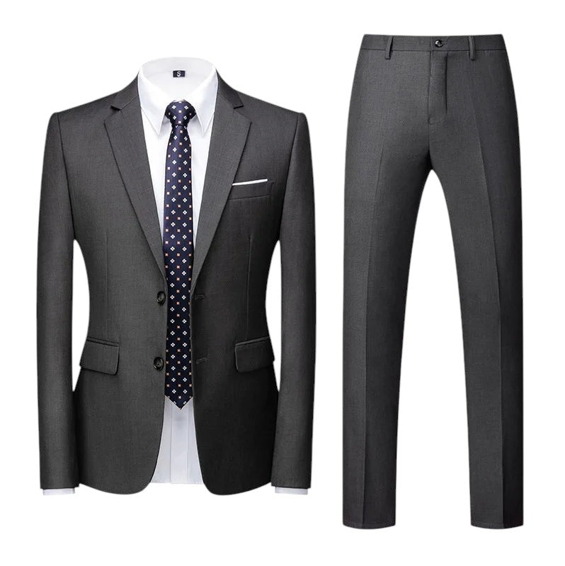 COMFORTH Men's charcoal grey two-piece suit set with notch lapel jacket and flat front trousers, polyester-viscose blend.