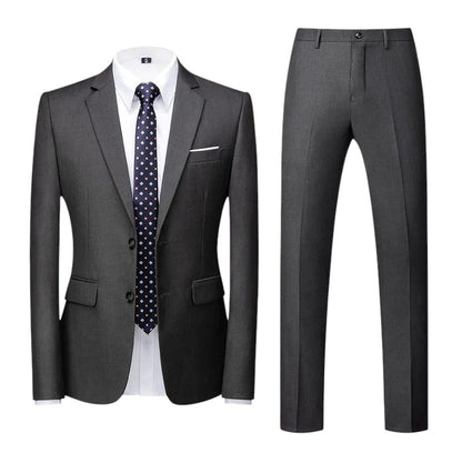 COMFORTH Men's charcoal grey two-piece suit set with notch lapel jacket and flat front trousers, polyester-viscose blend.