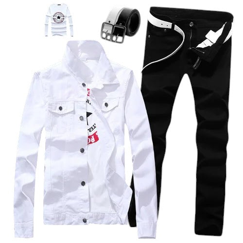 COMFORTH Men's white denim jacket and black pants set with belt and t-shirt. Features graphic lettering.