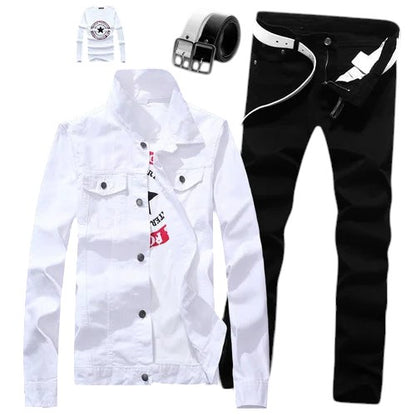 COMFORTH Men's white denim jacket and black pants set with belt and t-shirt. Features graphic lettering.