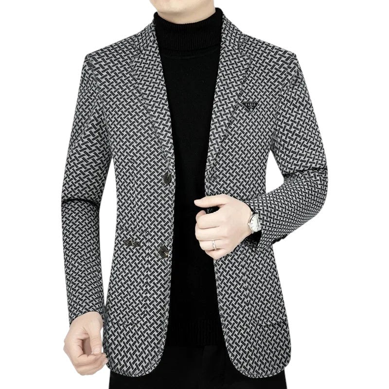 COMFORTH men's grey and black geometric patterned blazer with notched lapel and two-button closure.