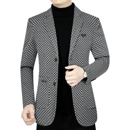 COMFORTH men's grey and black geometric patterned blazer with notched lapel and two-button closure.