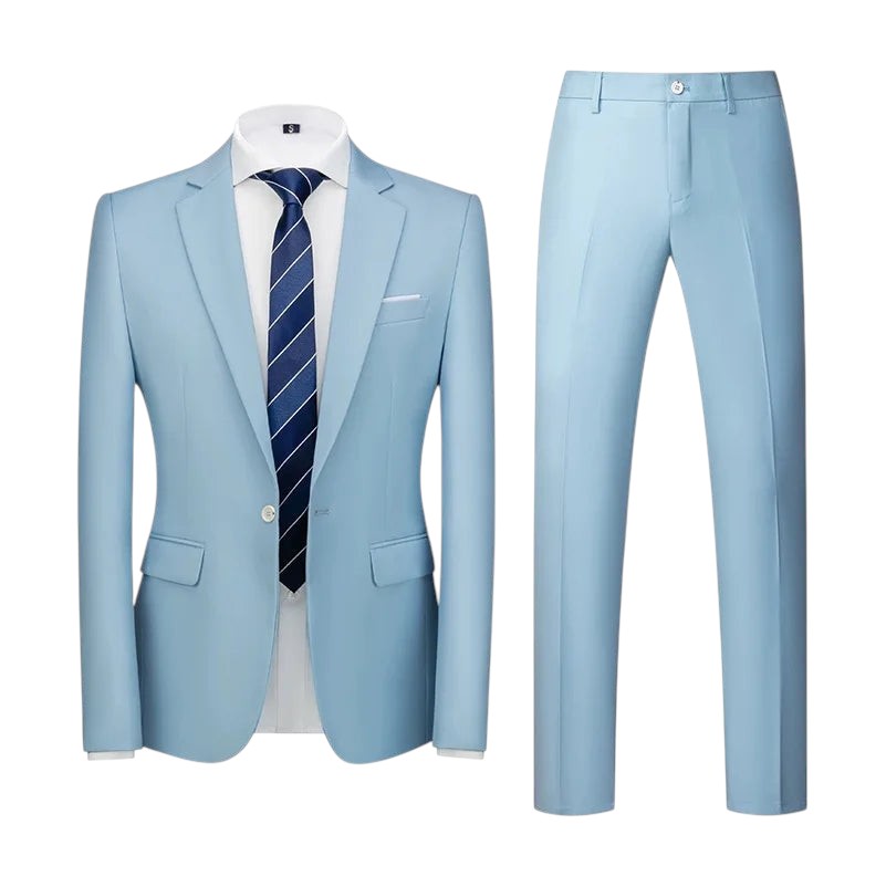 COMFORTH Men's light blue two-piece suit set with notch lapel jacket and flat front trousers. Polyester-viscose blend.
