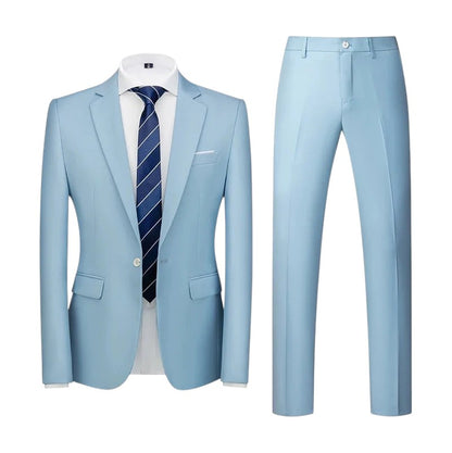 COMFORTH Men's light blue two-piece suit set with notch lapel jacket and flat front trousers. Polyester-viscose blend.