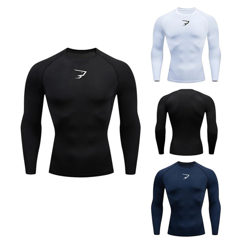 COMFORTH Men's long sleeve compression athletic shirt in black, white, and navy. Moisture-wicking, breathable fabric.