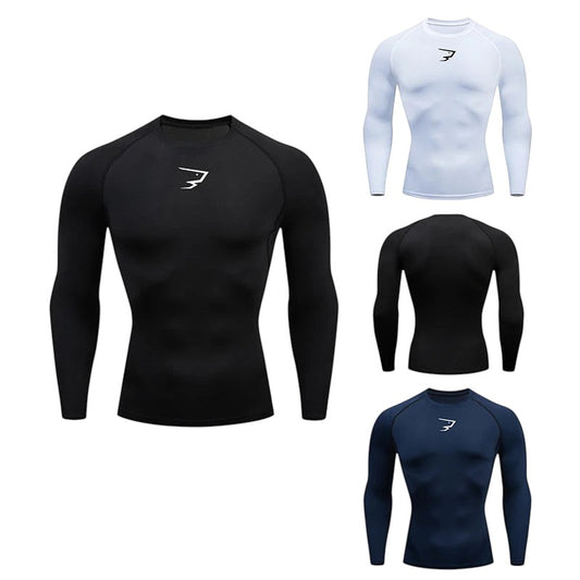 COMFORTH Men's long sleeve compression athletic shirt in black, white, and navy. Moisture-wicking, breathable fabric.