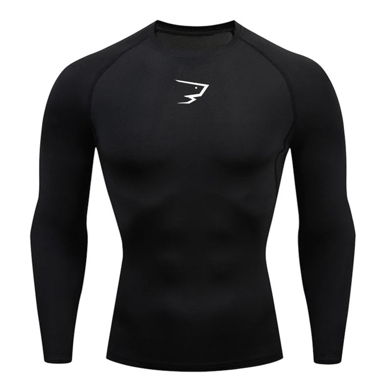 COMFORTH Men's black long sleeve compression athletic performance shirt with white logo on chest.