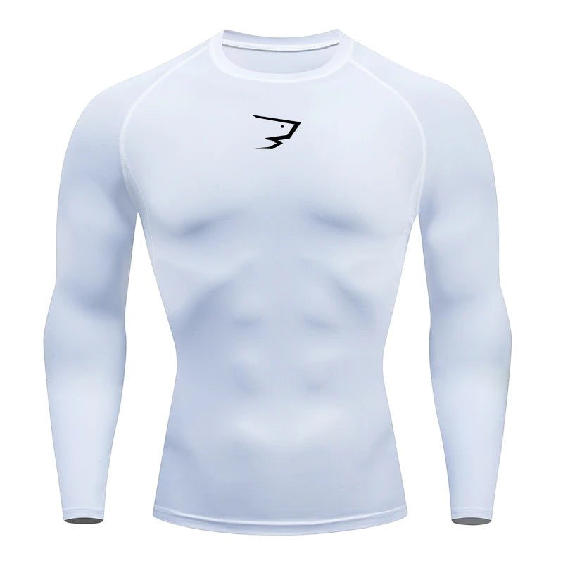 COMFORTH Men's white long sleeve compression athletic performance shirt with black logo on chest.