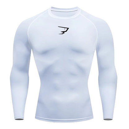 COMFORTH Men's white long sleeve compression athletic performance shirt with black logo on chest.