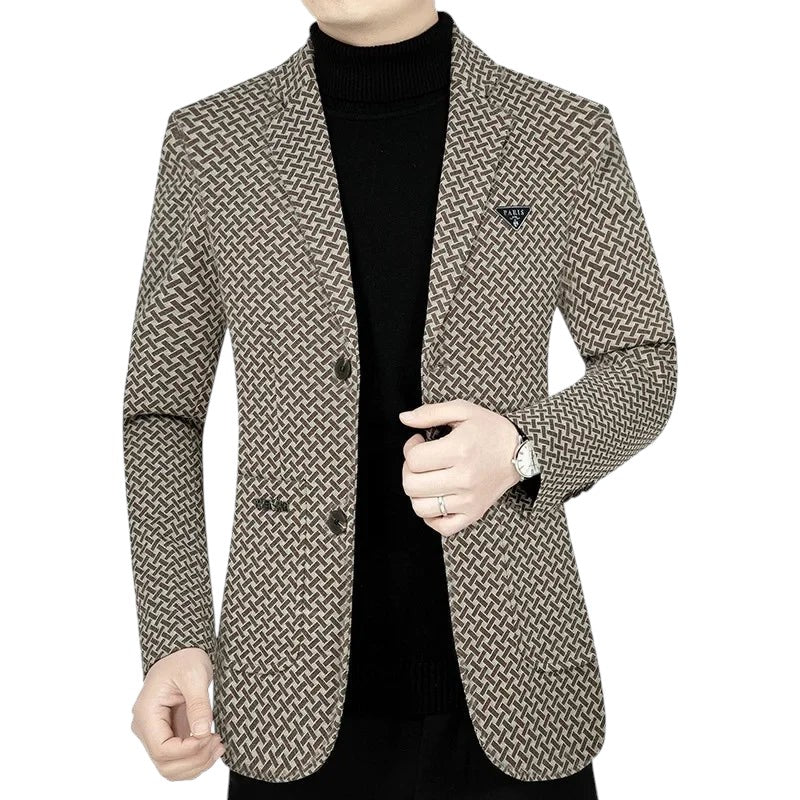 COMFORTH men's brown and beige geometric patterned blazer with notched lapel and two-button closure.