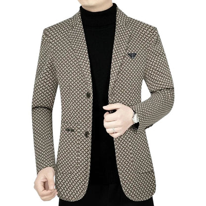 COMFORTH men's brown and beige geometric patterned blazer with notched lapel and two-button closure.
