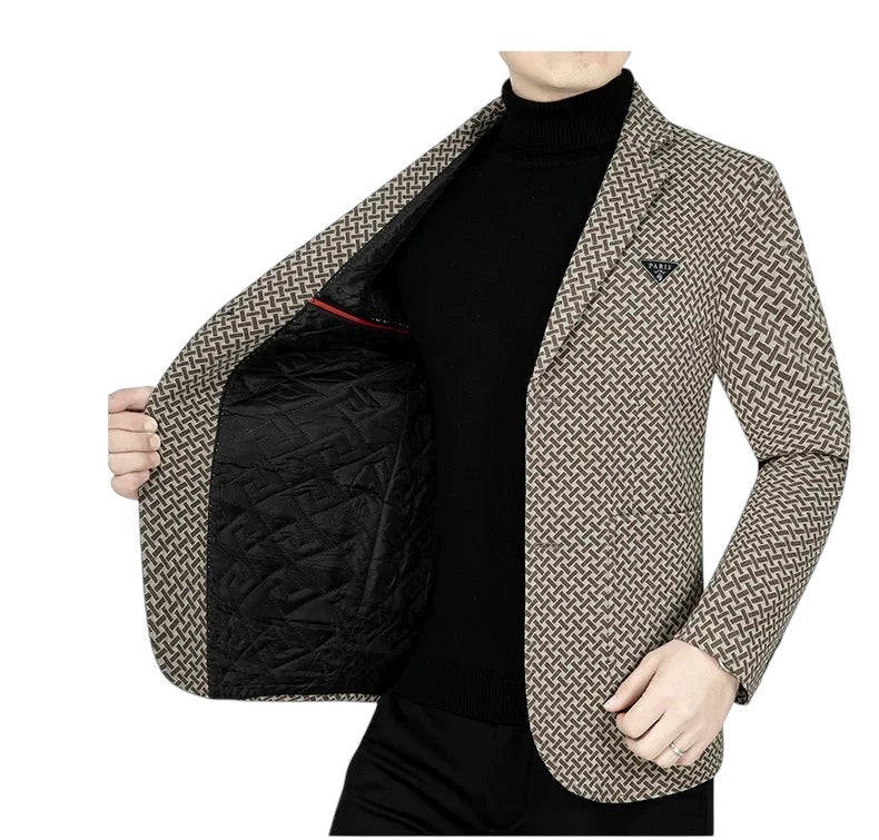 COMFORTH men's brown and beige geometric patterned blazer with notched lapel and quilted lining.