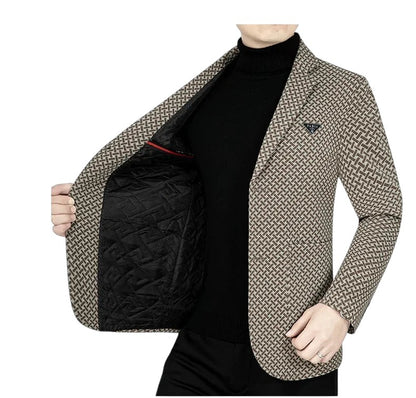 COMFORTH men's brown and beige geometric patterned blazer with notched lapel and quilted lining.