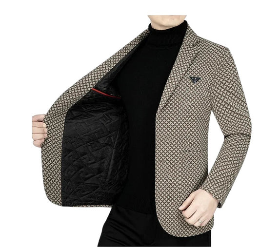 COMFORTH men's brown and beige geometric patterned blazer with notched lapel and quilted lining.