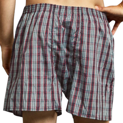 COMFORTH men's red, white, and blue plaid woven boxer briefs with elastic waistband and button fly.