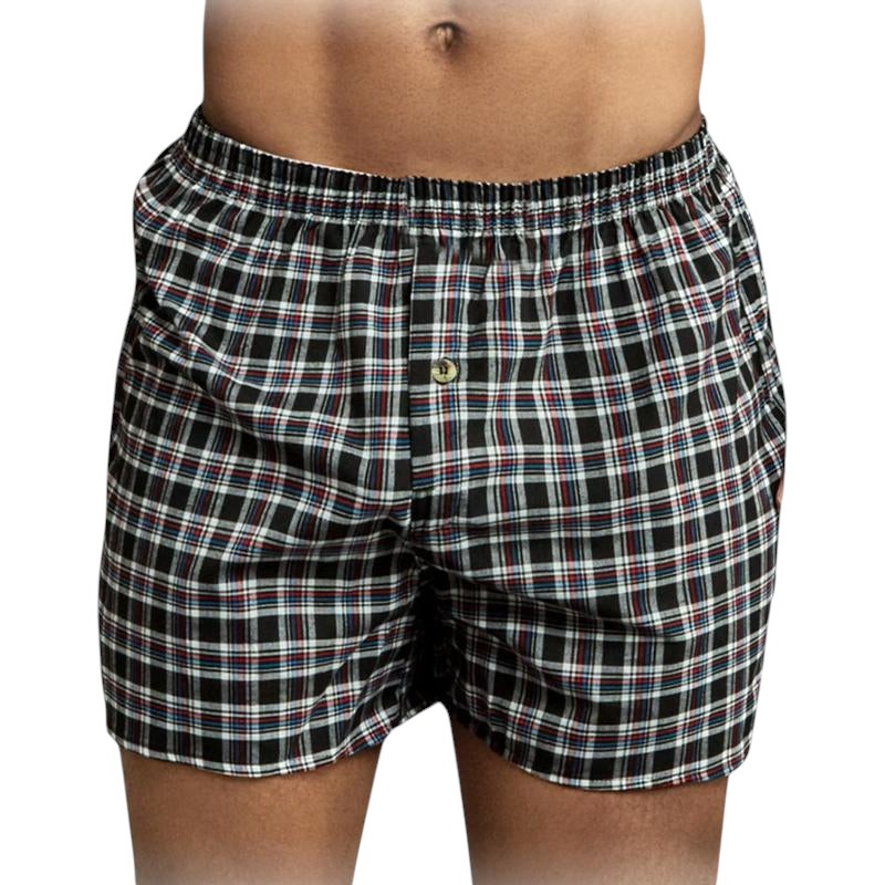 COMFORTH men's black plaid woven boxer briefs with button fly and elastic waistband.