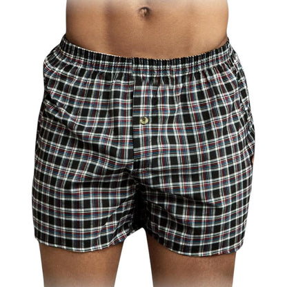COMFORTH men's black plaid woven boxer briefs with button fly and elastic waistband.