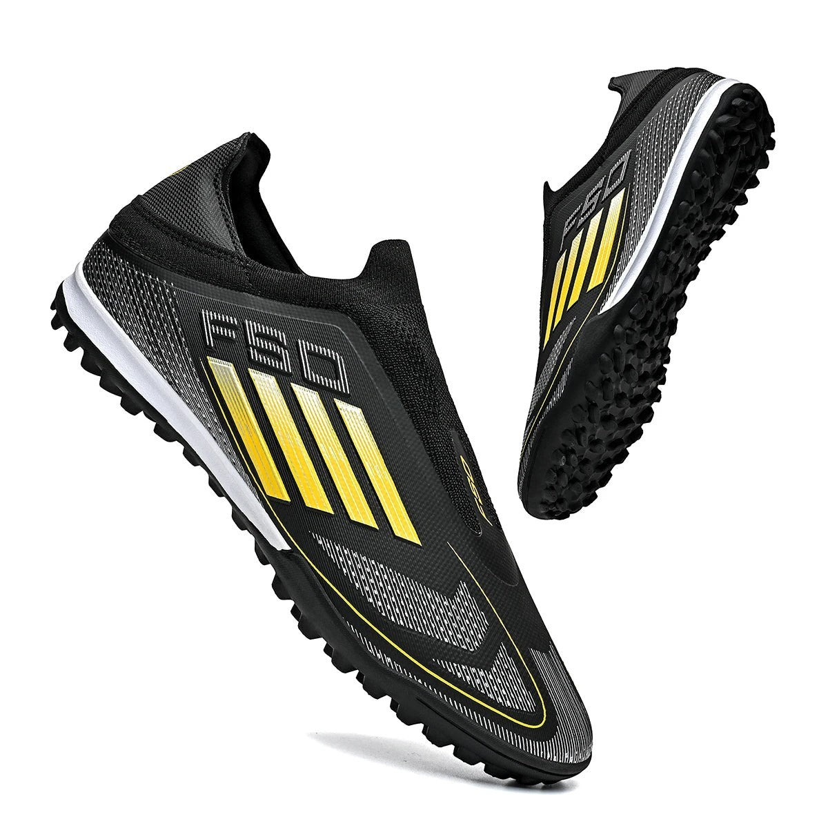 COMFORTH men's black and yellow laceless soccer cleats with synthetic upper and turf outsole.