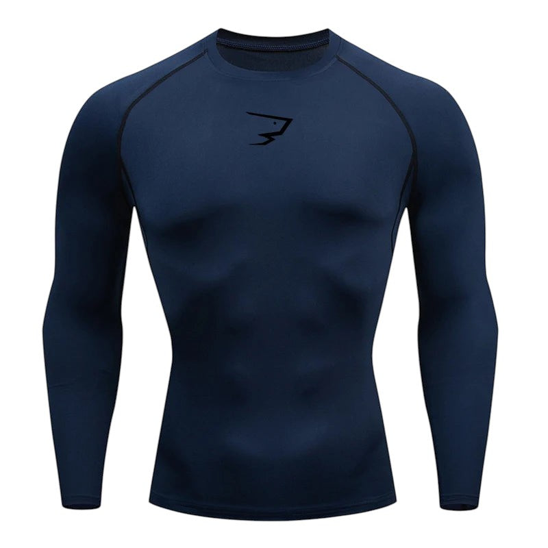 COMFORTH Men's navy blue long sleeve compression athletic performance shirt with black logo on chest.