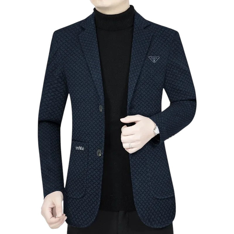 COMFORTH men's dark navy patterned blazer with notched lapel, two-button closure, and pocket details.