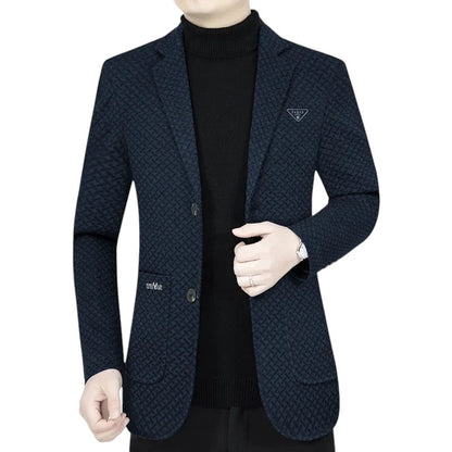 COMFORTH men's dark navy patterned blazer with notched lapel, two-button closure, and pocket details.
