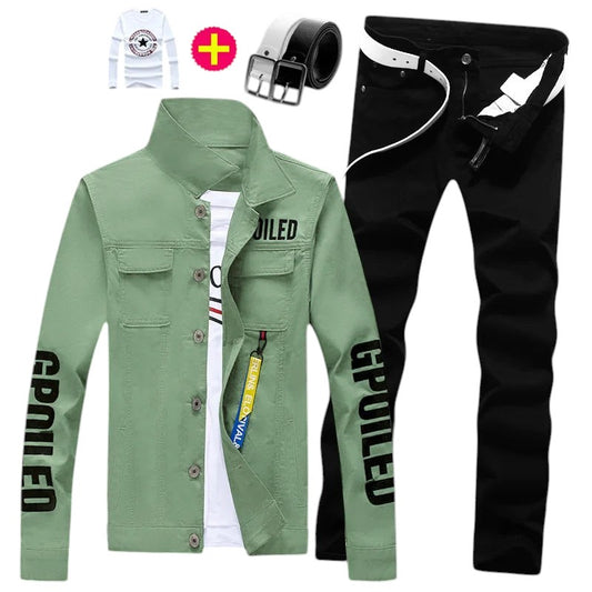 COMFORTH Men's sage green denim jacket and black pants set with white t-shirt and belt. Jacket has "GPOILE D" lettering.