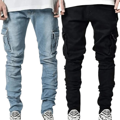 COMFORTH Men's skinny fit light blue and black denim cargo jeans with distressed detailing.