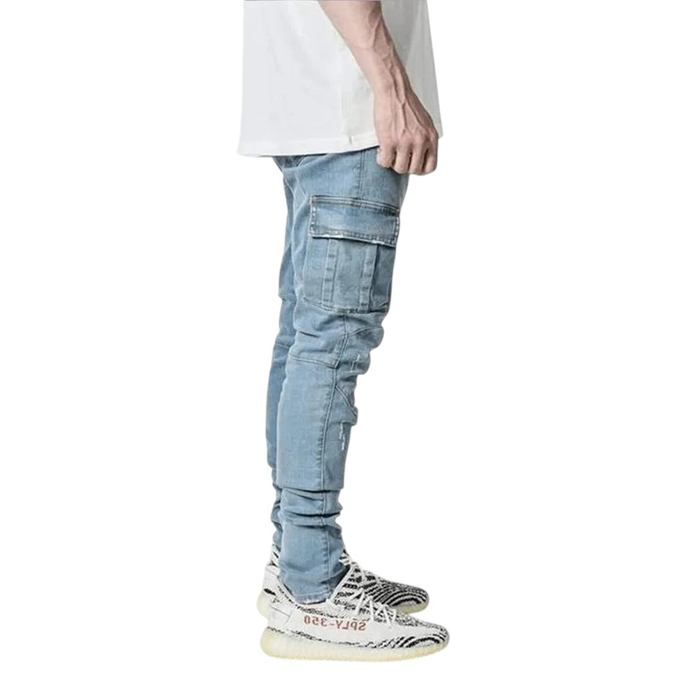 COMFORTH Men's light blue skinny fit denim cargo jeans with distressed detailing and multiple pockets.