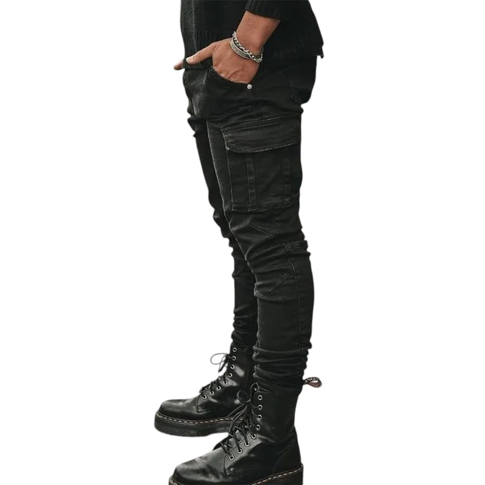 COMFORTH Men's skinny fit black denim cargo jeans with distressed detailing and panel construction.
