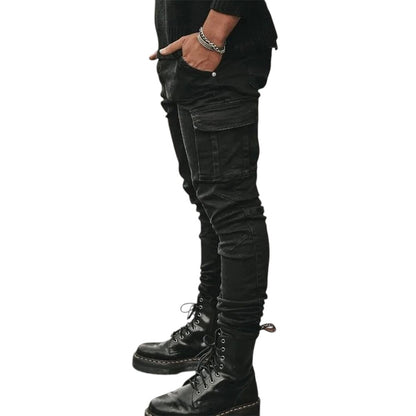 COMFORTH Men's skinny fit black denim cargo jeans with distressed detailing and panel construction.