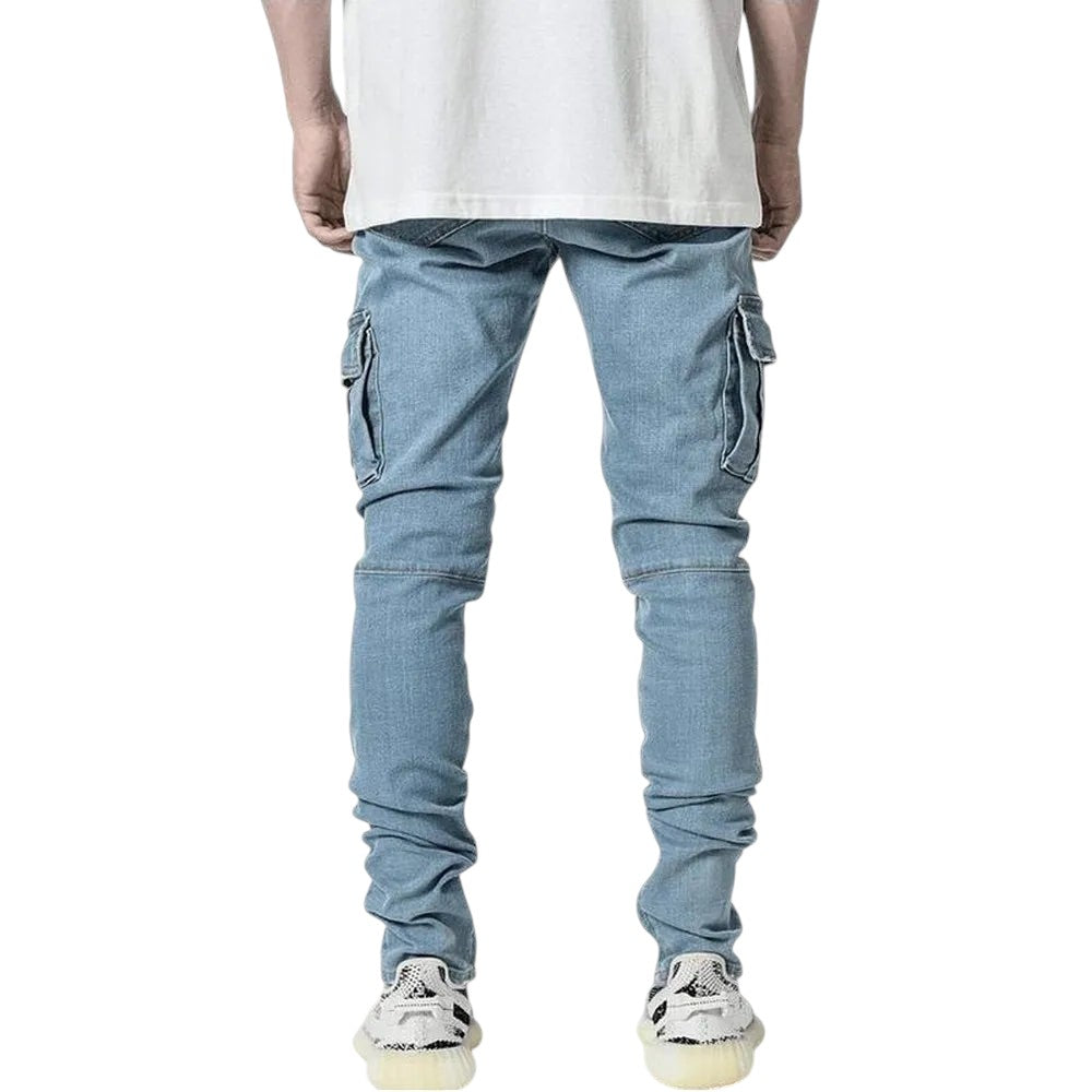 COMFORTH Men's skinny fit light blue denim cargo jeans with distressed detailing and panel construction.