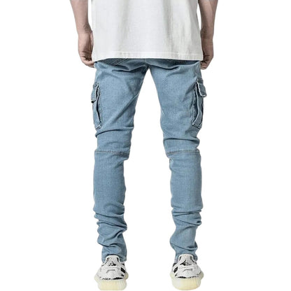 COMFORTH Men's skinny fit light blue denim cargo jeans with distressed detailing and panel construction.
