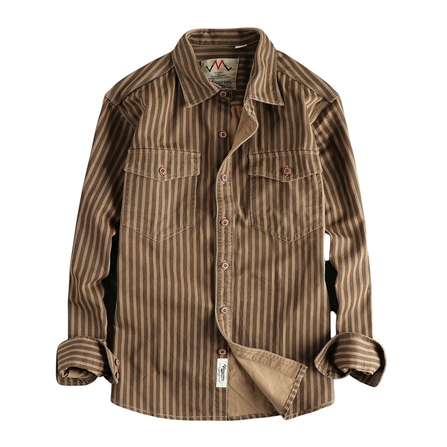 COMFORTH Men's brown vertical stripe long sleeve button-up shirt with two chest pockets and button closures.