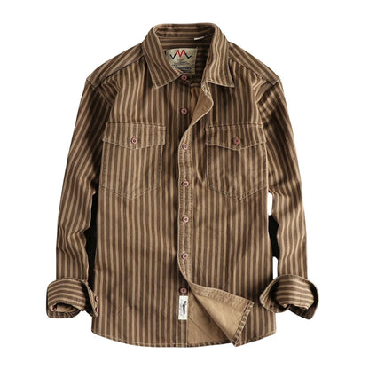 COMFORTH Men's brown vertical stripe long sleeve button-up shirt with two chest pockets and button closures.