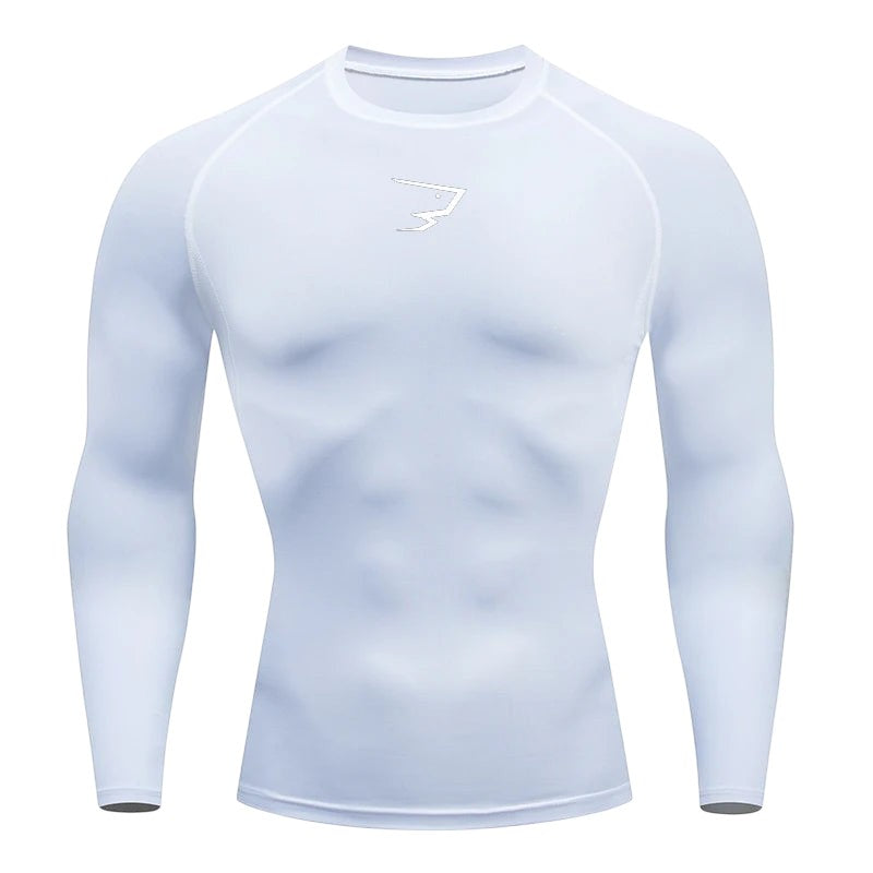 COMFORTH Men's white long sleeve compression athletic performance shirt with logo on chest.