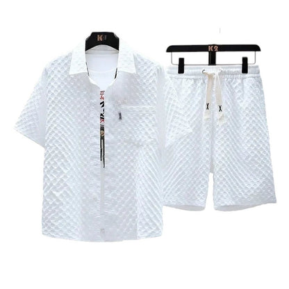 COMFORTH Men's white textured short sleeve shirt and shorts set with diamond pattern, classic collar, chest pocket, and drawstring shorts.