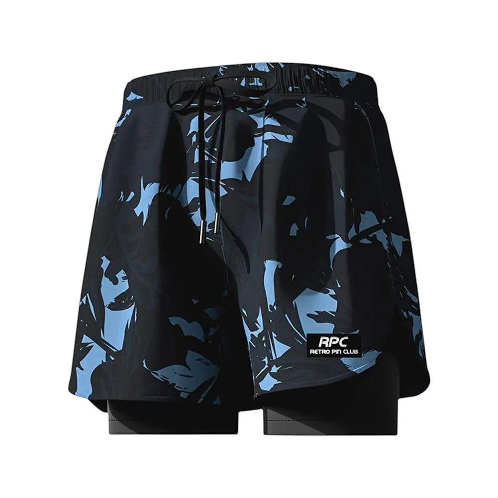 COMFORTH Men's black and blue floral print 2-in-1 swim shorts with compression liner and drawstring waist.