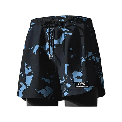 COMFORTH Men's black and blue floral print 2-in-1 swim shorts with compression liner and drawstring waist.