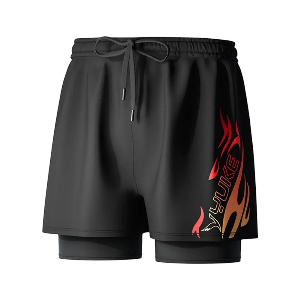 COMFORTH Men's black 2-in-1 swim shorts with built-in compression liner and flame graphic.