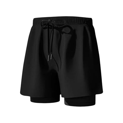 COMFORTH Men's black 2-in-1 swim shorts with built-in compression liner and quick-dry fabric.