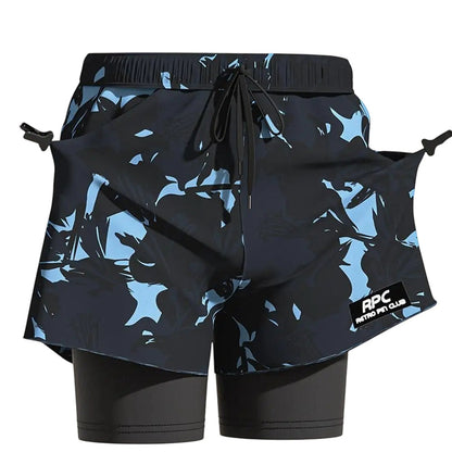 COMFORTH Men's 2-in-1 swim shorts with built-in compression liner, quick-dry fabric, and abstract blue & black print.