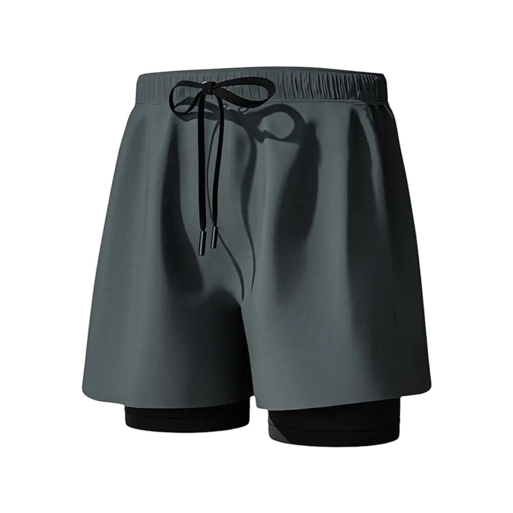COMFORTH Men's dark grey 2-in-1 quick-dry swim shorts with built-in compression liner and drawstring.