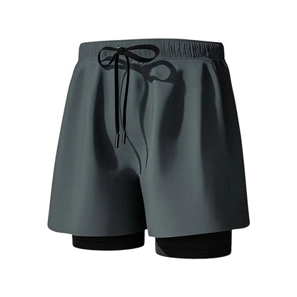 COMFORTH Men's dark grey 2-in-1 quick-dry swim shorts with built-in compression liner and drawstring.
