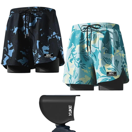 COMFORTH Men's 2-in-1 swim shorts with built-in compression liner in black and blue floral print.
