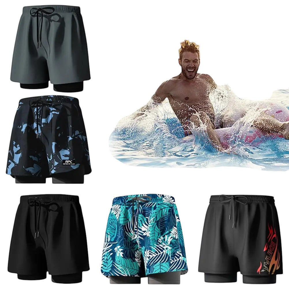 COMFORTH Men's 2-in-1 quick-dry swim shorts with built-in compression liner. Available in grey, black, floral, and flame print.
