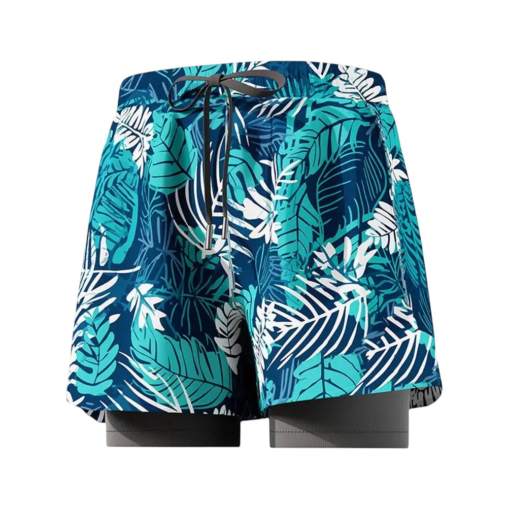COMFORTH Men's 2-in-1 swim shorts with built-in compression liner, quick-dry fabric, and tropical leaf print.