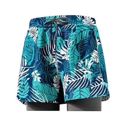 COMFORTH Men's 2-in-1 swim shorts with built-in compression liner, quick-dry fabric, and tropical leaf print.